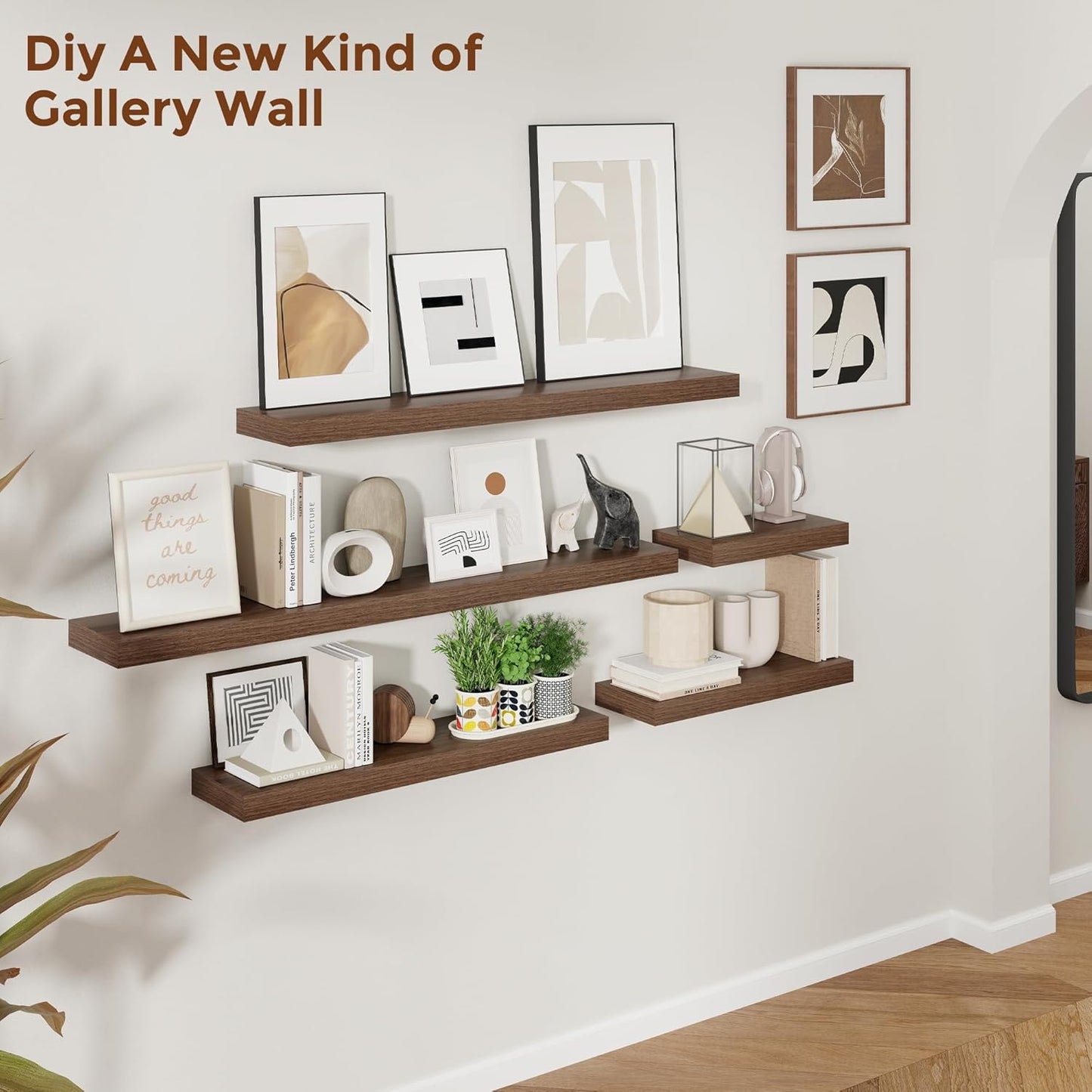Heimlove 55 Inch Floating Shelves for Wall 8 Inch Deep Walnut Shelves Set of 2,Wall Mounted Rustic Wood Long Floating Shelf，Large Extra Display & Storage Shelf with Invisible Brackets