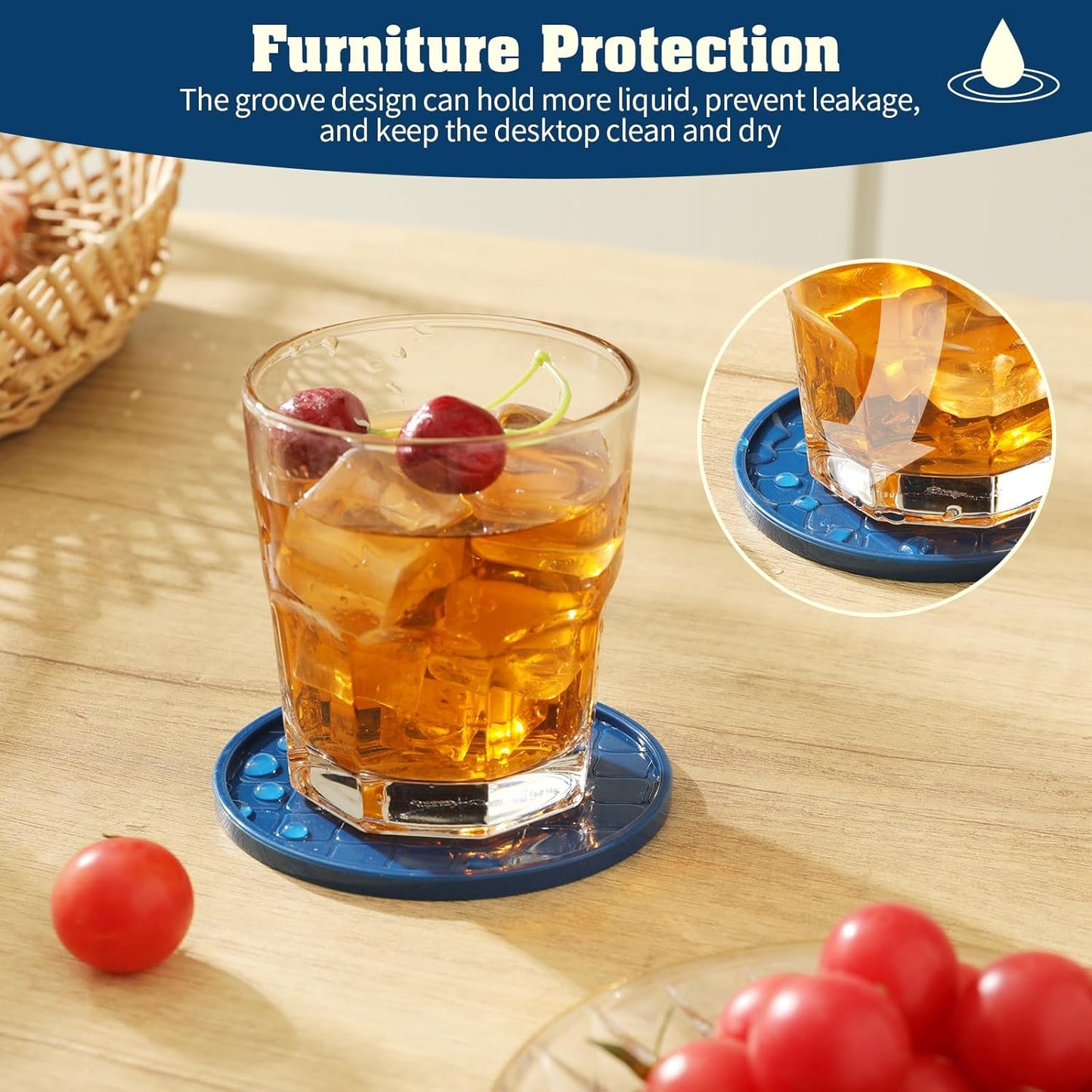Coasters Set of 6,Hot or Cold Drink Coasters with Holder,Modern Style Coffee Table Coaster,Suitable for Kinds Cups Beer,Drink,Anti-Overflow Tabletop Protection(Navy Blue, 6pcs)