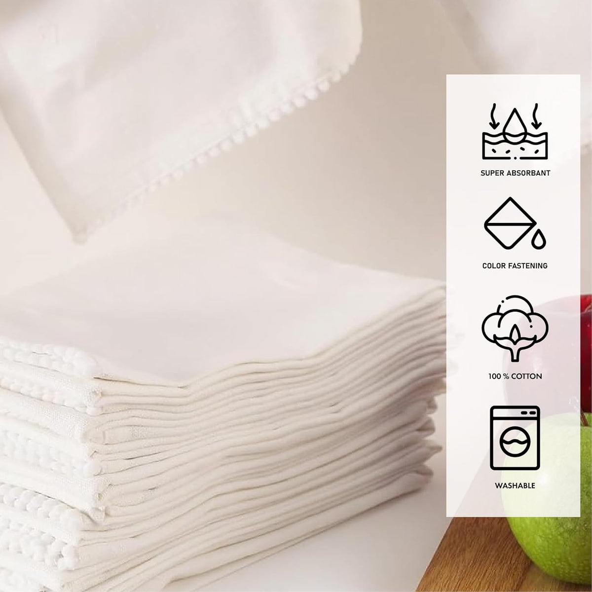 TARAN LIVING Kitchen Towels 100% Cotton Solid Kitchen Dish Cloths Decor Hand Towel Reusuable Dish Towel for Cleaning & Drying Tea Towels Set with Hanging Loop - 18"x 28" - White, Pack of 12