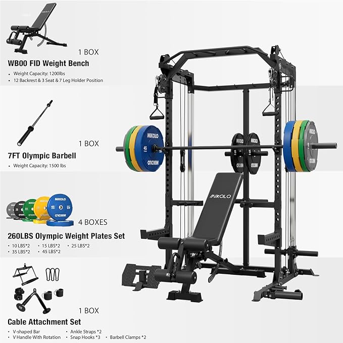 Mikolo Power Cage, 2000LB Power Rack with Independent Dual Pulley System, Multi-Function Home Gym Workout Machine for Cable Crossover