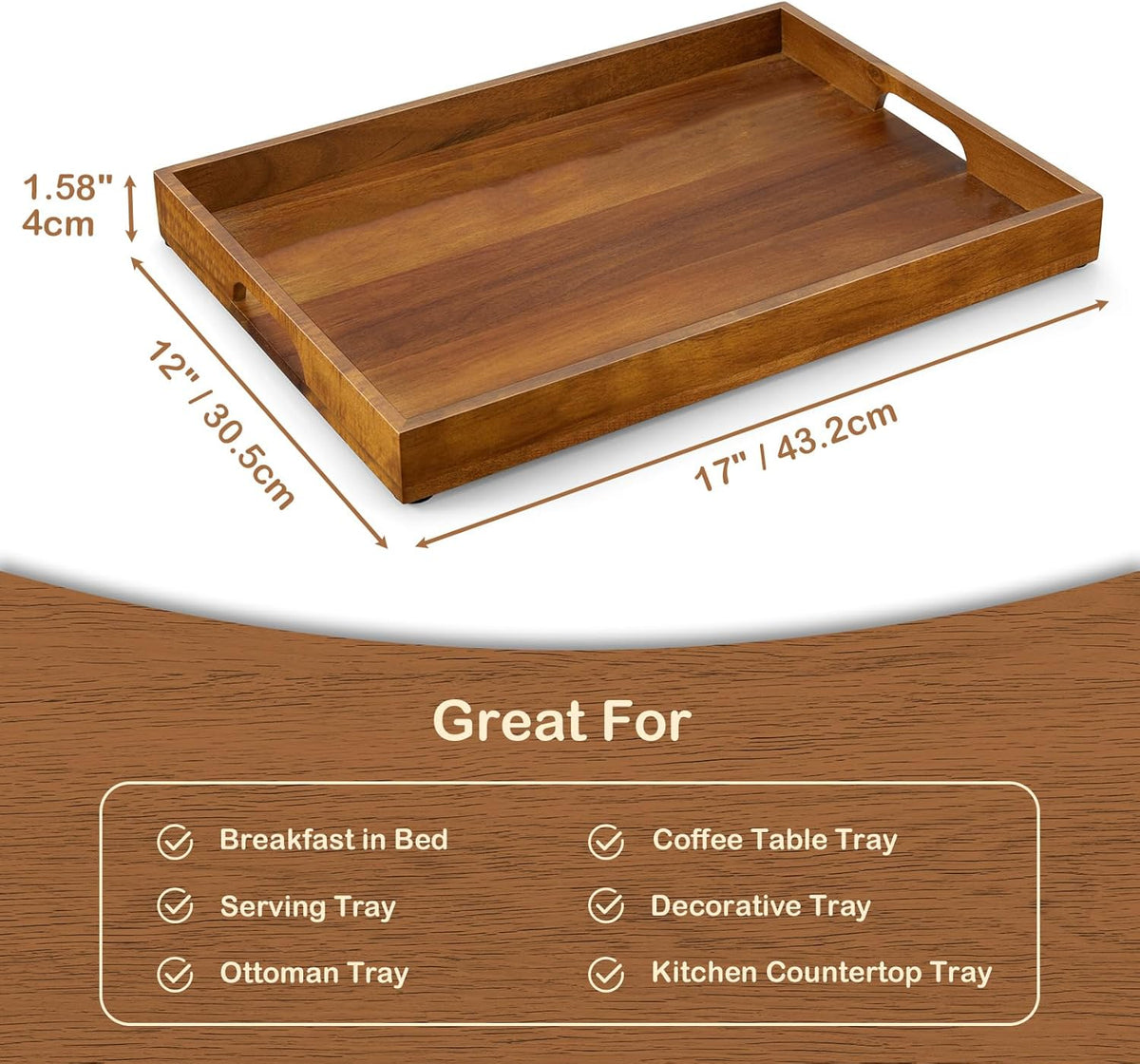 Set of 2 Acacia Wood Serving Tray with Handles, 17 Inch Large Wooden Tray for Ottoman, Breakfast in Bed, Coffee Table, Dinner, Perfect for Living Room Bedroom Entryway and Kitchen