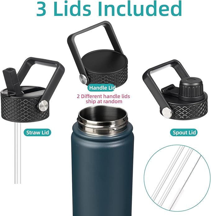 22oz Stainless Steel Bottles with 3 Lids Sport Insulated Water Bottle,Navy Blue