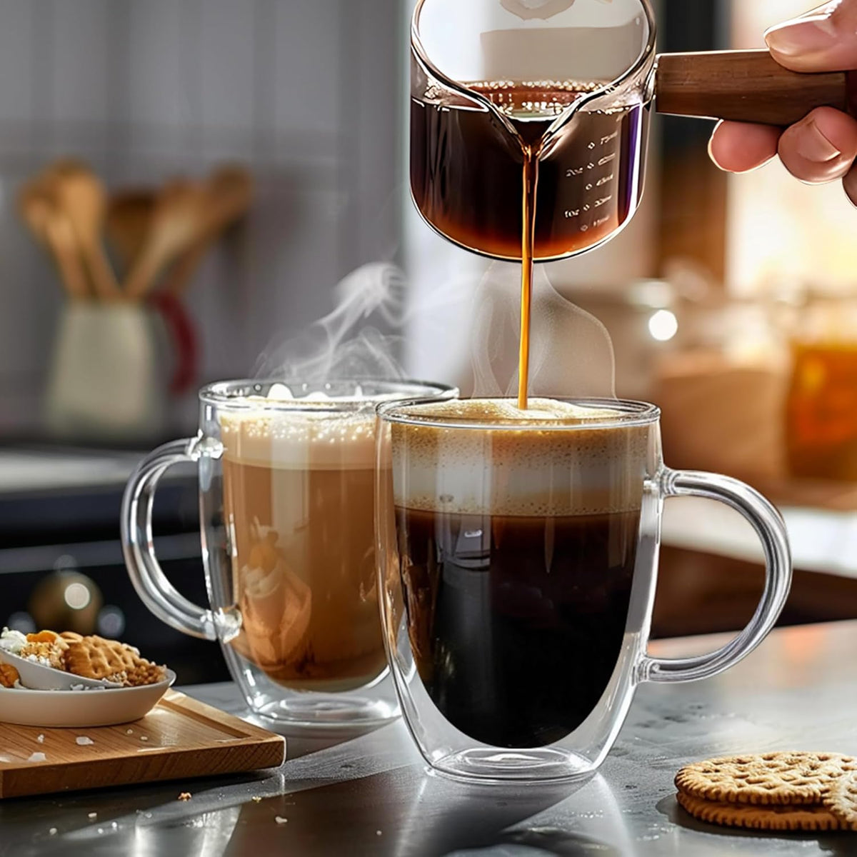 12 Ounces Set of 2 Double Walled Glass Coffee Mugs with Handle Insulated Layer Coffee Cups Borosilicate Glass Espresso Double Insulated Clear Glass Coffee Mug for Hot Beverages