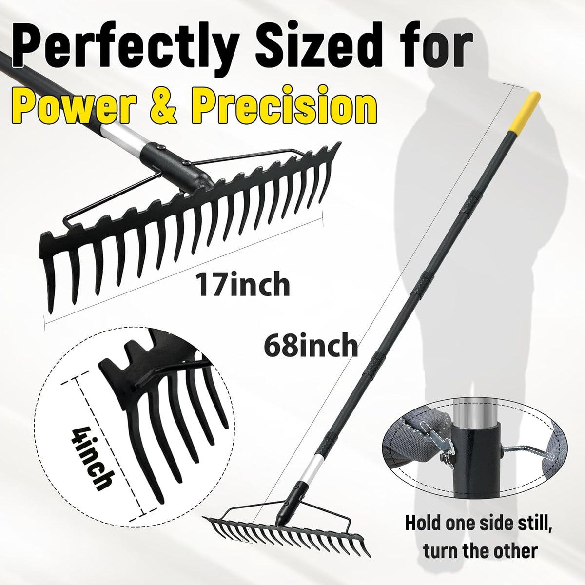 Bow Rake, 68-Inch Adjustable Handle Garden Rake with 17 Steel Tines, Heavy Duty Dual-Sided Metal Rake Landscape Gardening Tool for Soil Loosening Lawn Yard Leaves Mulch Thatch Removing