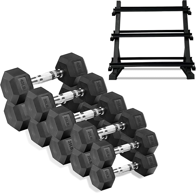 Ritafer 6-10 Pair Hex Rubber Dumbbell Set 350/450 and 550 lbsï¼?-50 lbs ）Hand Free Weight for Strength Coated Encased Iron Weights with Dumbbells Storage Rack Home Gym