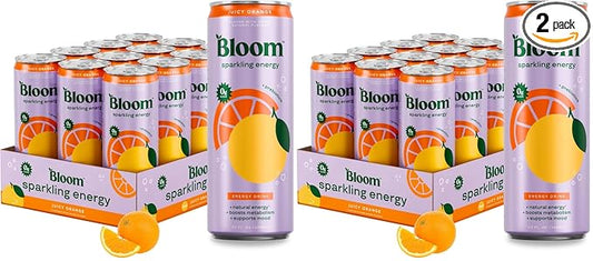 Bloom Nutrition Sparkling Energy Drink - Natural Caffeine, Zero Sugar, 180mg Caffeine - Antioxidant-Rich with Green Coffee Bean, Green Tea Extract, Prebiotics - Orange - 12oz 24 Pack