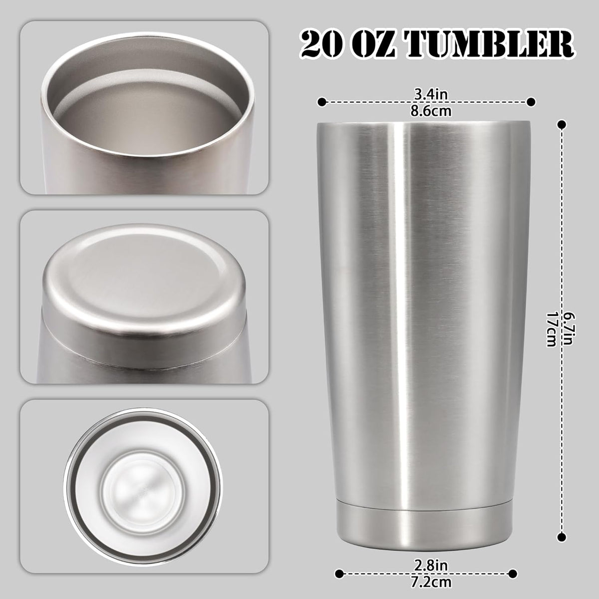 20 oz Tumbler with lid Double Wall Vacuum Insulated Tumblers Stainless Steel Coffee Mug Travel Coffee Tumbler Powder Coated Tumbler Cup Keep Hot&Cold - (Stainless 6 Pack)