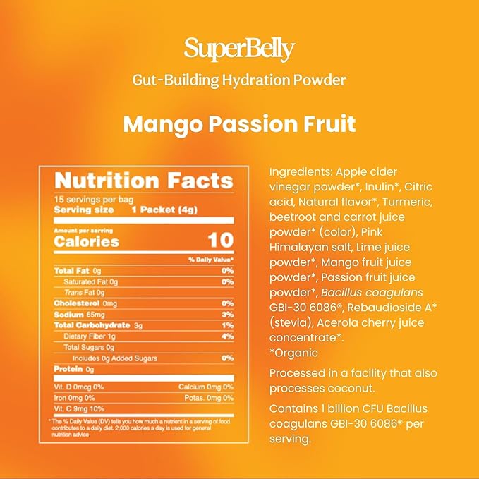 Blume SuperBelly Gut Health and On-The-Go Hydration Packets, Sugar-Free, with Prebiotics, Probiotics, Apple Cider Vinegar, Vitamin C, and Electrolytes, Mango Passion Fruit, 15 Sticks