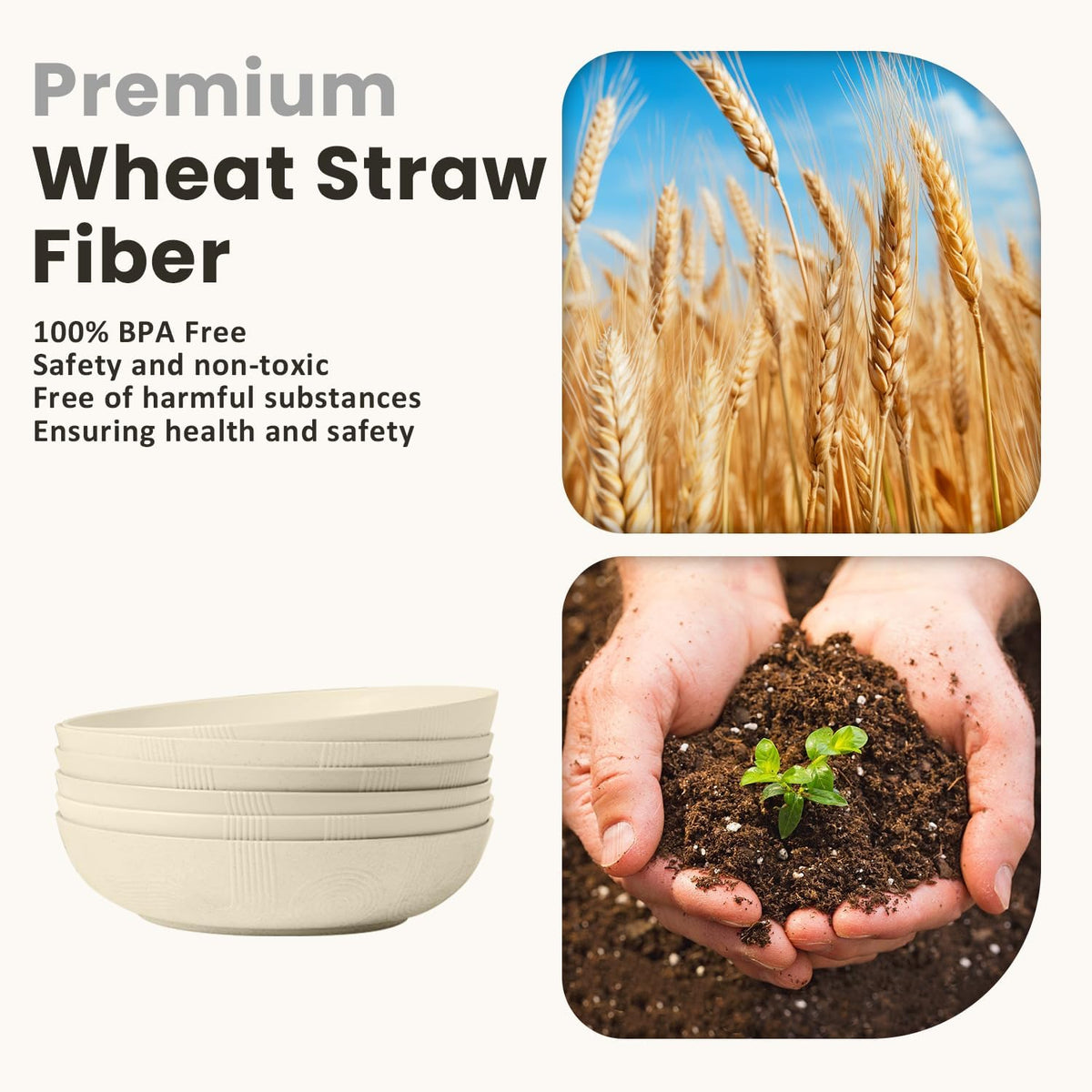Homienly 65 oz Large Salad Bowls Wheat Straw Big Bowls 10 inch Serving Bowls Wheat Straw Plates Bowls Set of 6 Wide and Shallow Bowls for Kitchen Dishwasher Safe-Beige