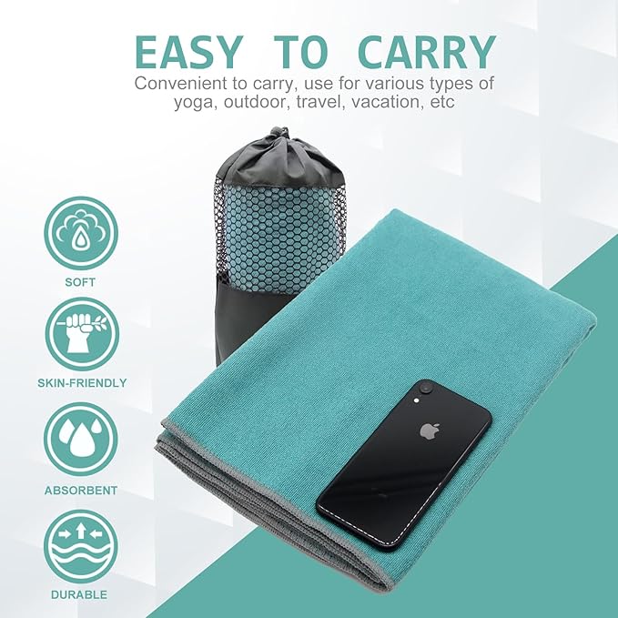 Eunzel Yoga Towel,Hot Yoga Mat Towel with Grip Dots Sweat Absorbent Non-Slip for Hot Yoga, Pilates and Workout 24" x72", Dark Cyan