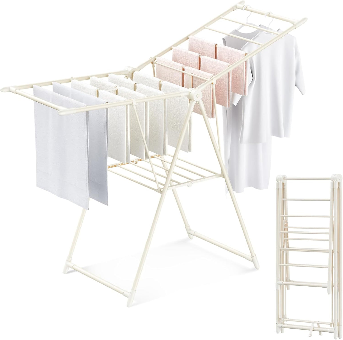 GameGem Clothes Drying Rack, Drying Rack Clothing, Foldable Laundry Drying Rack with 3 Heights-Adjustable, Sturdy Carbon Steel & Anti Slip Feet, Indoor Outdoor Use, Cream White