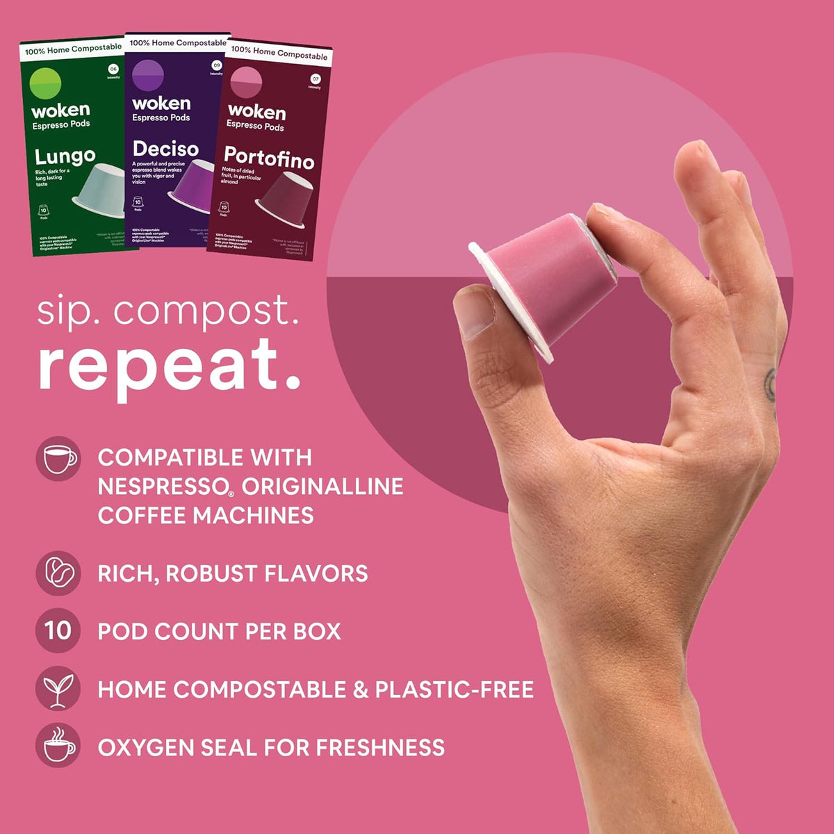 WOKEN COFFEE Compostable Nespresso Pods Variety Pack - Dark and Medium Roast Italian Espresso - Compostable Coffee Pods Compatible with Nespresso Machine (60 Pod Count, 6 Boxes)