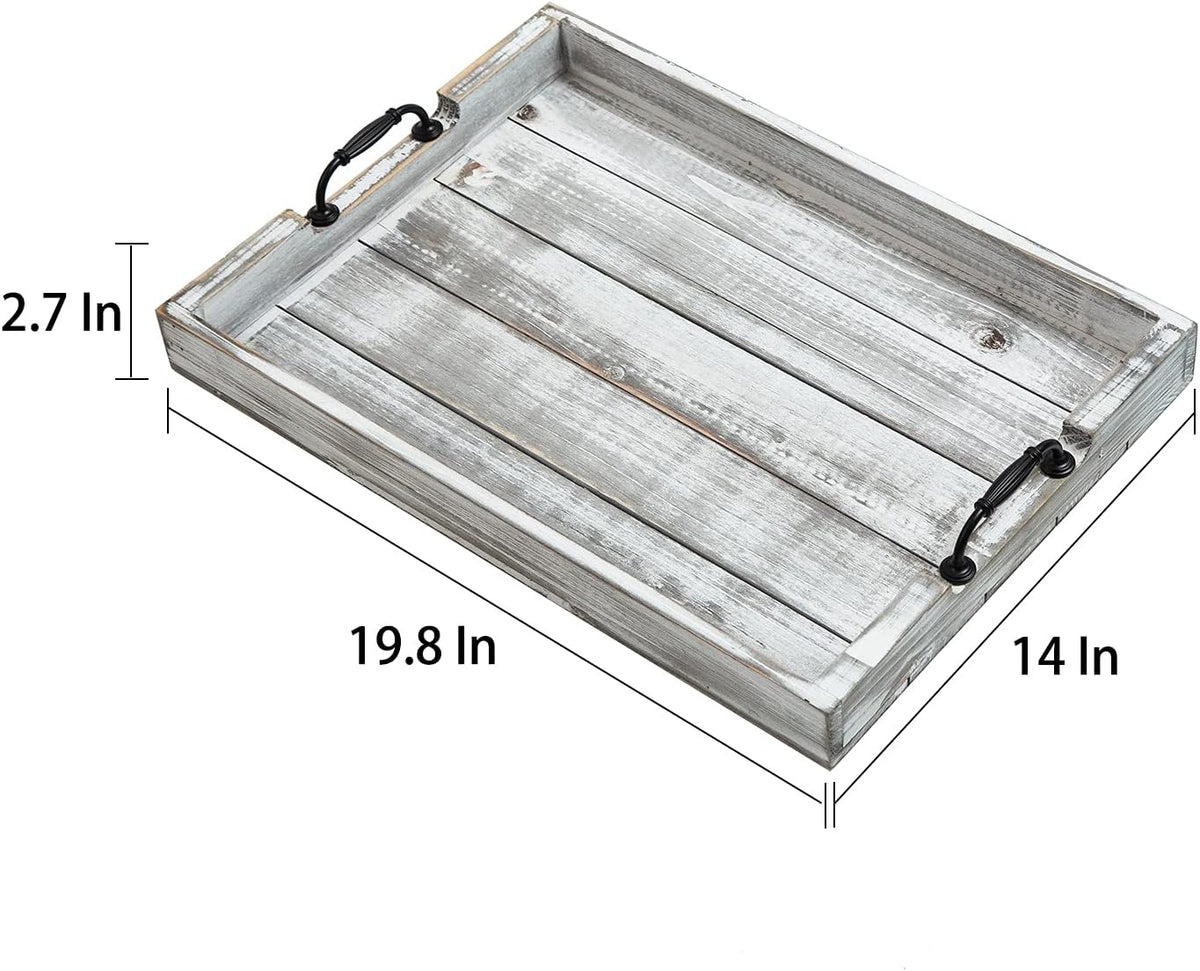 Rustic Vintage Big Wood Food Serving Trays with cutout Metal Handles(20 Inches) large Nesting Board Decorative Serving Trays Platter for Breakfast in Bed, Ottoman, Coffee Table, BBQ, Party(Gray white)