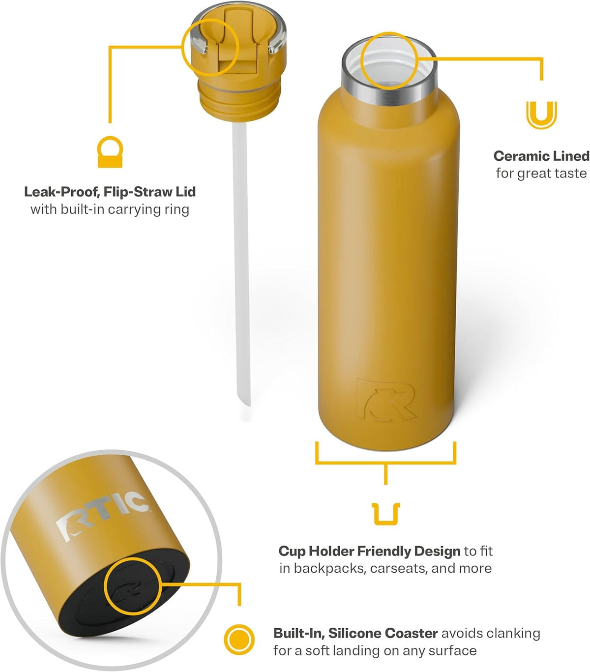 RTIC 20oz Journey Bottle Metal Stainless Steel Vacuum Insulated, BPA Free, Reusable, for Water, Hot and Cold Drinks, Travel, Sports, Camping, Harvest