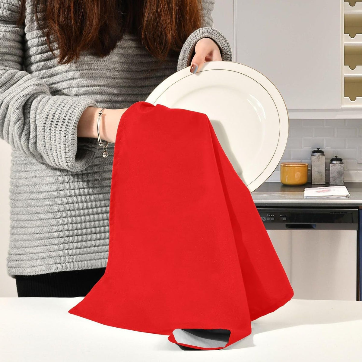 TARAN LIVING Kitchen Towels - 6 Pack (Red, Solid, Cotton, 18"x28")