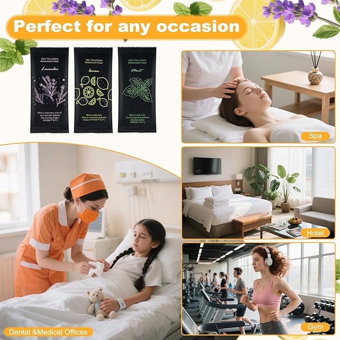 Moist Cotton Towel Bulk Moist Towelettes Individually Wrapped 8.7" x 8.7",White Towel Services,Refreshment Pre Moistened Towels Lavender, Lemon and Mint for Sport Party Spa （pack of 60)