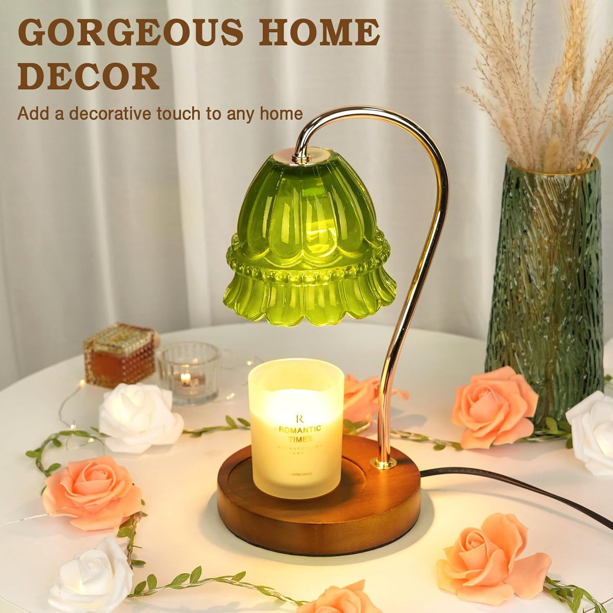 Dimmable Candle Warmer Lamp with Timer, Green Flower Candle Lamp Warmer for Jar Candles, Unique Women Mom Birthday Gifts Ideas, Fall Decor for Home Bedroom Living Room