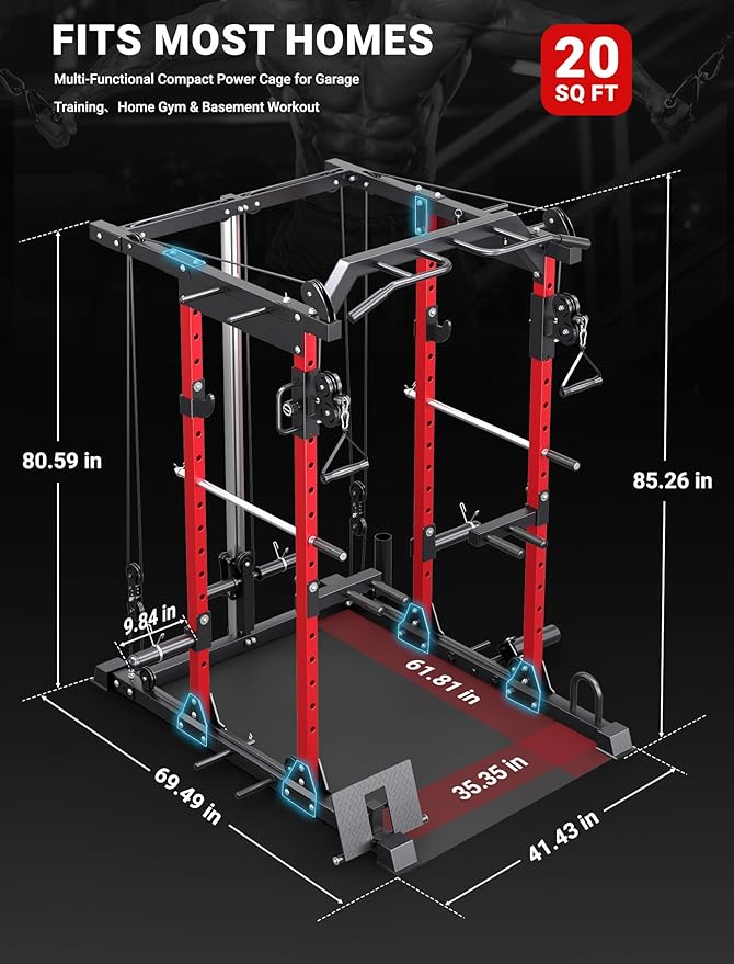 YOLEO Smooth Dual Pulley System Power Cage, 1600LBS Adjustable Cable Crossover Power Rack, Multi-Functional Squat Rack for Home Gym with More Training Attachment