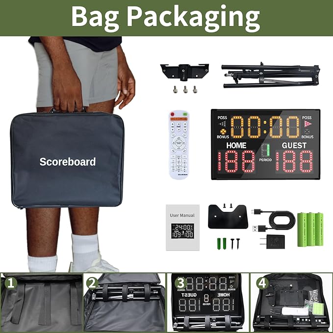 Basketball Digital Scoreboard with Remote,Battery Powered Portable Tabletop Electronic Scoreboard with 75dB Buzzer,Countdown Timer & Score for Games