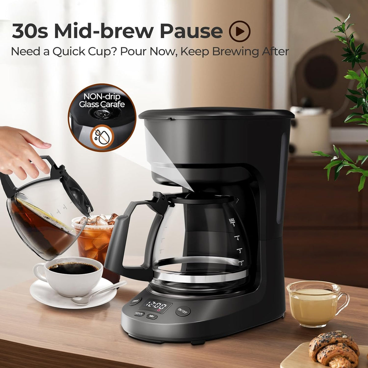 5-Cup Drip Coffee Maker with 24h Programmable Timer, Compact Coffee Machine with Food-grade Glass Carafe, 2h Keep Warm with Auto Shut-off, Delay Brew, 25oz Water Tank, Ideal for Home/Office