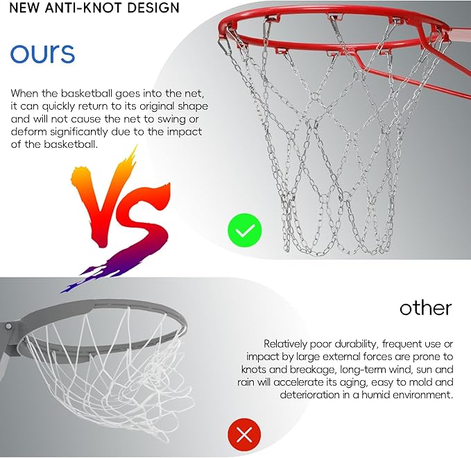 Basketball Net, Stainless Steel Braided Chain Heavy Duty, Standard Basketball Net (12 Links), Quick Installation. Suitable for Indoor and Outdoor Climates