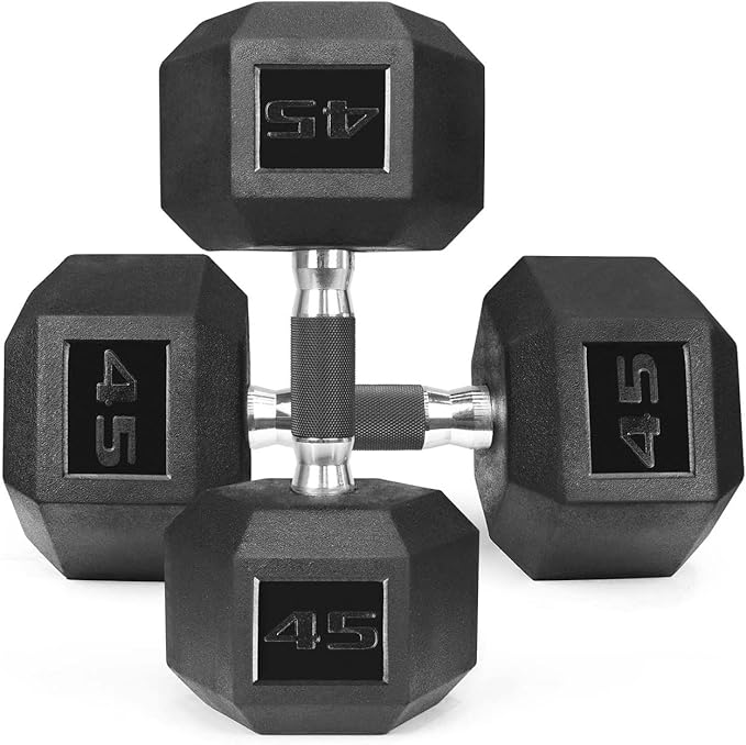 WF Athletic Supply Rubber Encased Hex Dumbbells with Rubber Grip Contoured Handle for Muscle Toning, Strength Building & Full Body Workout