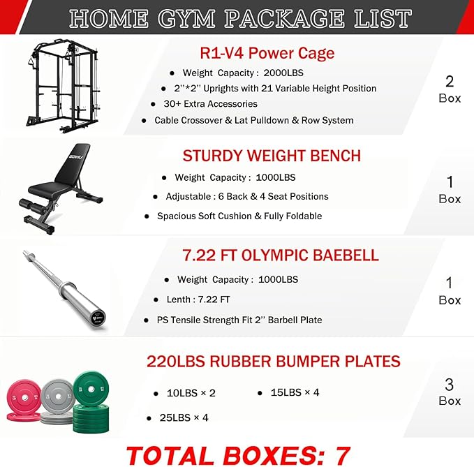 R1-V4 Power Cage Rack, 2000LB Squat Rack with Cable Crossover System, Multi-Function Weight Cage, Home Gym Workout Machine with More Training Attachments