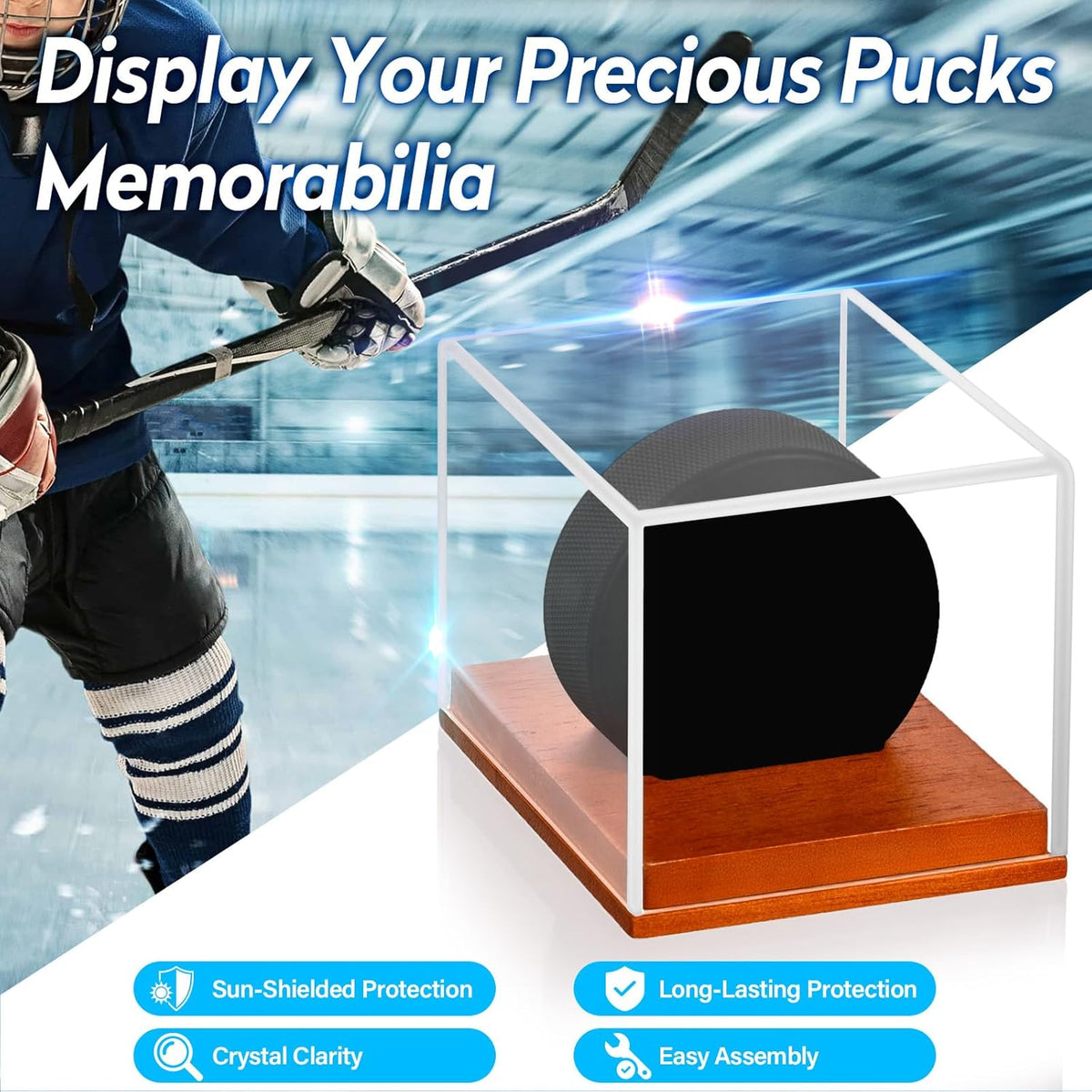 Hockey Puck Display Case, Pucks Display Cases with Wooden Base, Acrylic Clear Box - Hockey Memorabilia Storage Holder, for Enthusiasts & Collectors & Fans (1 Pack, Square)