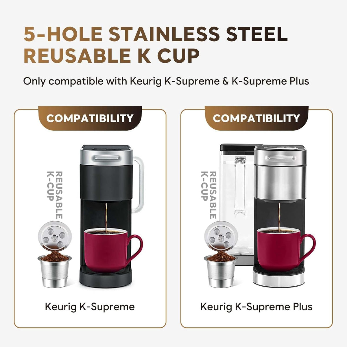Stainless Steel Reusable K Cups for K eurig Supreme & Supreme Plus, Reusable K Cups Five Hole Universal K-eurig Refillable Coffee Pod Filter (3 Pack)