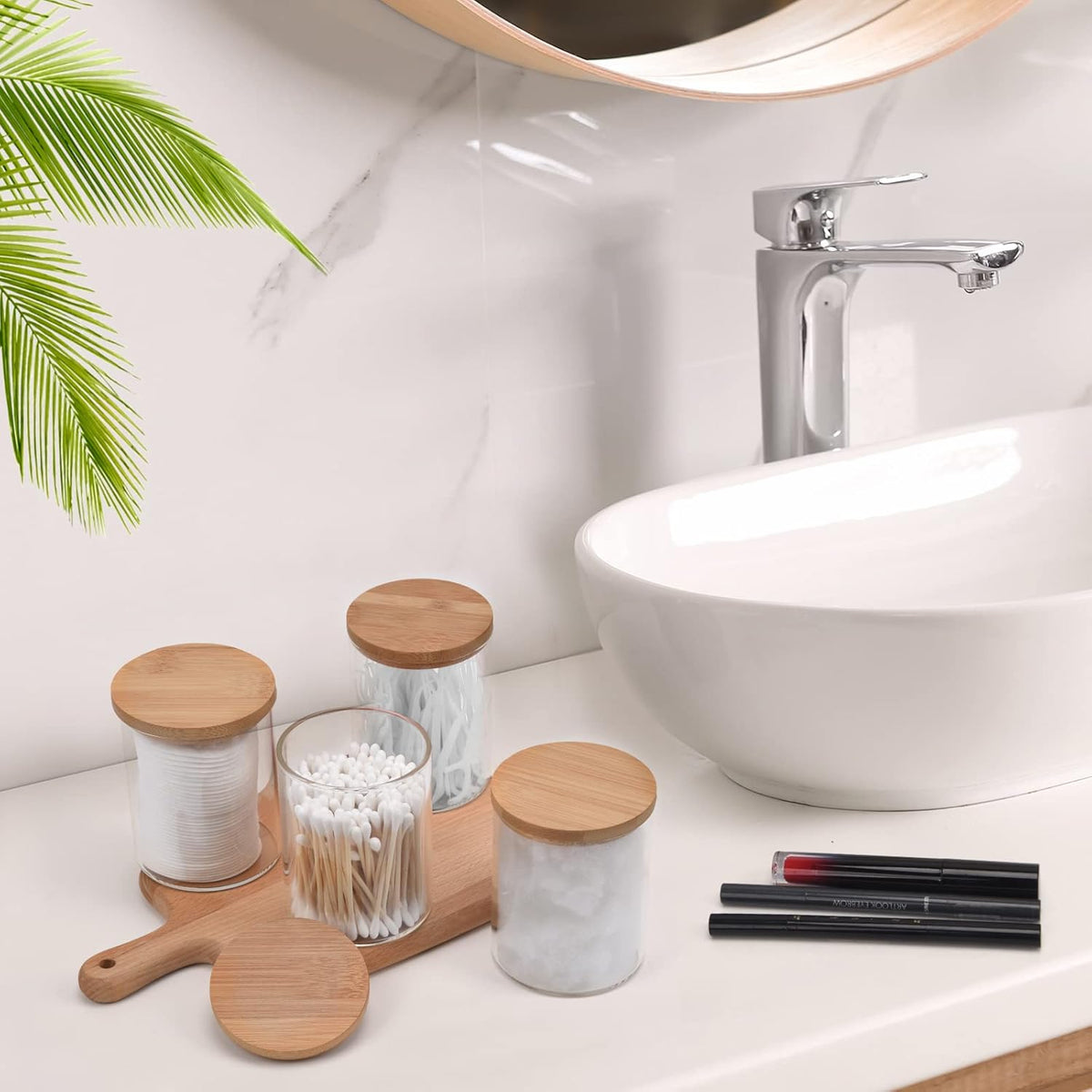 4 Pack Glass Qtip Holder Dispenser Set - Apothecary Jars with Lids for Vanity Makeup Organizer - Bathroom Canister Storage Organizer for Cotton Ball,Swab,Round Pads,Floss