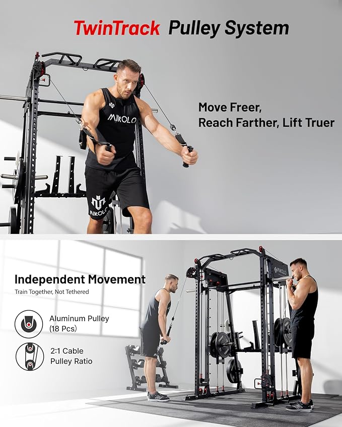 Mikolo Smith Machine, 2200lbs Squat Rack with LAT-Pull Down System & Cable Crossover Machine, Training Equipment with Leg Hold-Down Attachment