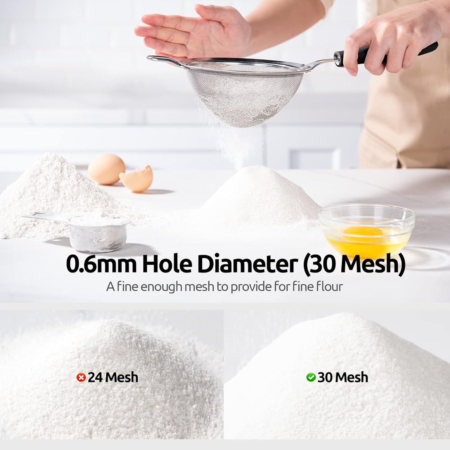 18/8 Stainless Steel Mesh Strainer: U-Taste 5.5 Inch Kitchen Fine Mesh Sieve Food Colander with Riveted Sturdy Silicone Handle and 30 Mesh Hole for Straining Flour, Pasta, Fruit, Quinoa (Black)