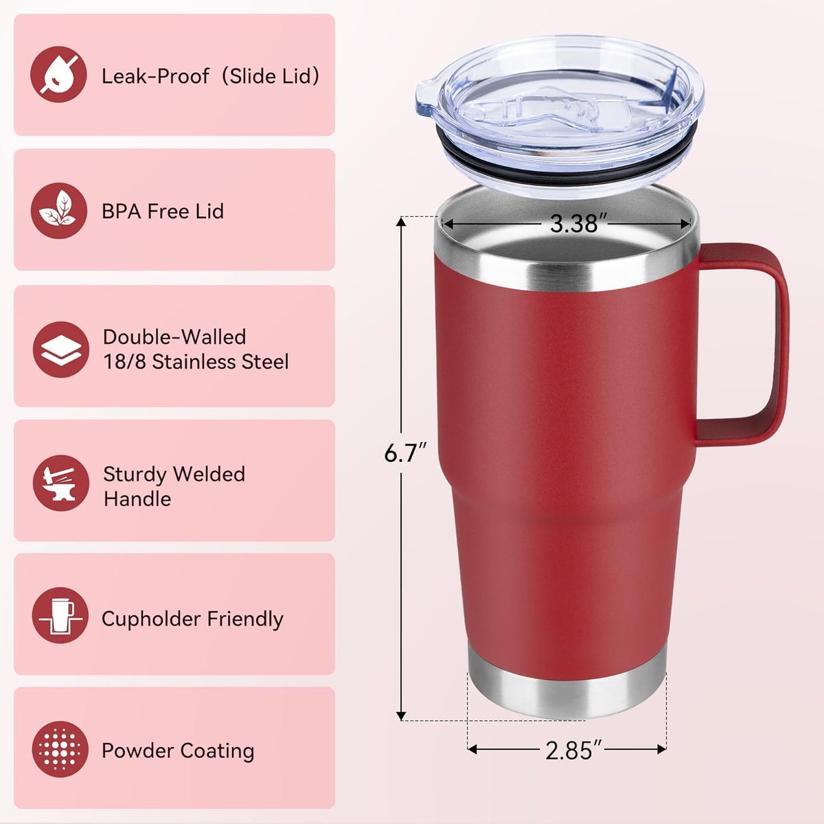 HASLE OUTFITTERS 20oz Tumbler with Lid, Stainless Steel Tumbler with Handle, Metal Insulated Travel Coffee Mug with Handle, Double Wall Vacuum Spill Proof Tumbler Cup, Red 1 Pack