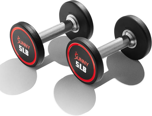 Sunny Health & Fitness Premium Polyurethane Commercial Grade Round Dumbbells with Diamond Knurled Handle, Durable Strength Training Equipment for Home Gym, 5-50LB