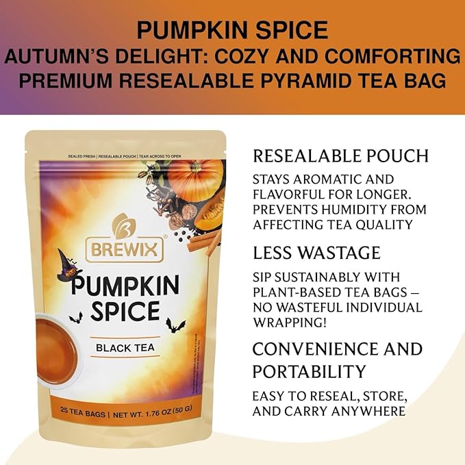 BREWIX, Pumpkin Spice Black Tea Bags (25 Pyramid Bags) | Cozy Fall Blend with Cinnamon, Ginger, Nutmeg & Clove | Caffeinated, Warm & Aromatic | Perfect for Autumn & Halloween