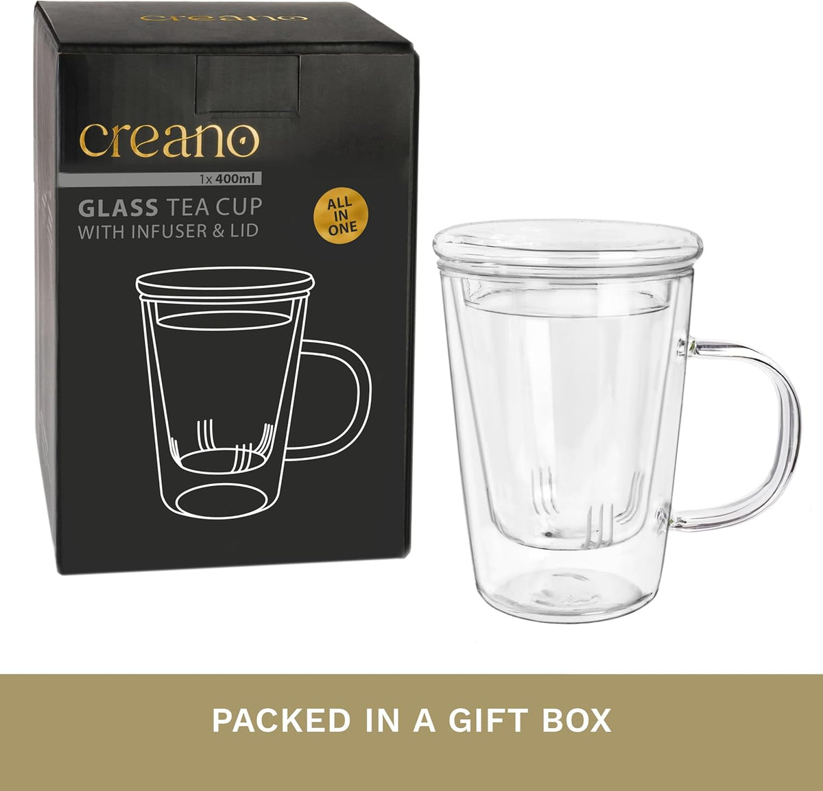 Creano Tea Glass 400 ml – Large Tea Cup with Strainer and Glass Lid – An ideal Tea Maker