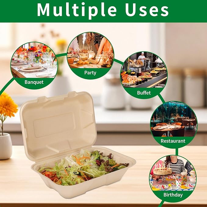 Aricsen Compostable 50 Pack 9x6 Inch Takeout Lunch Box Containers with Lid To Go Take Out Clamshell for Food, Disposable Eco-Friendly Biodegradable Bagasse, PFAS-Free, Brown