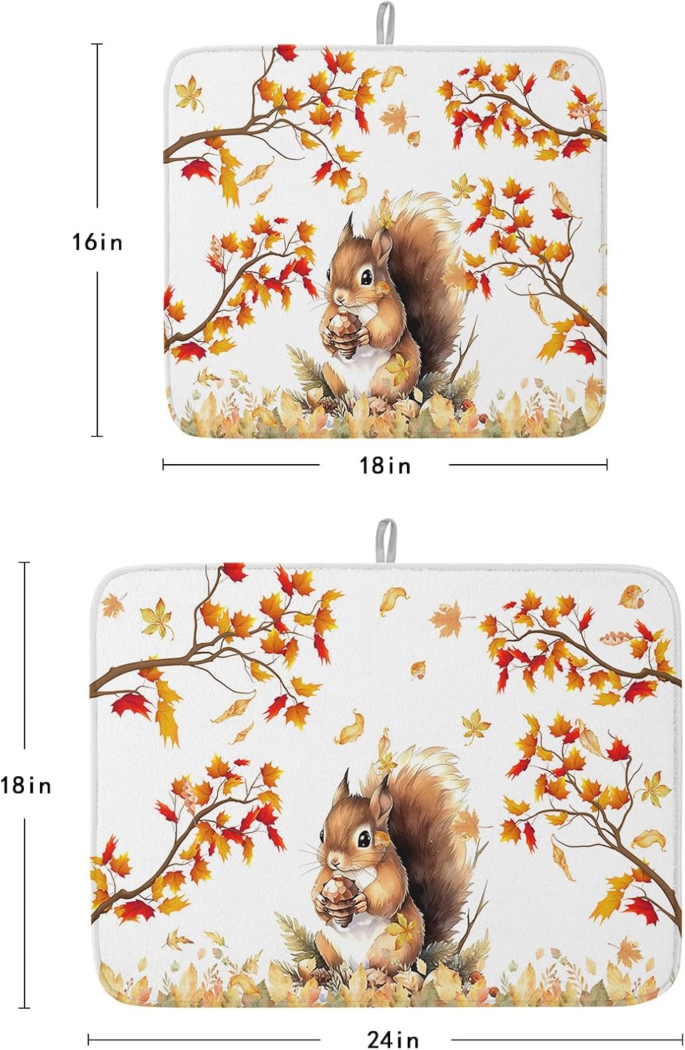 Fall Dish Drying Mat for Kitchen Counter Squirrel Drying Pad Absorbent Drying Mats for Countertops Sinks Draining Racks Pine Cone Autumn Maple Leaves Drainer Holiday Harvest Thanksgiving Decor 16x18