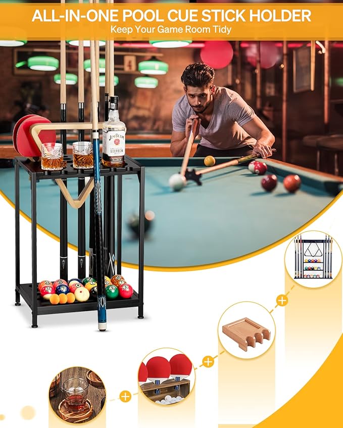 Billiards Pool Stick Holder - Pool Cue Rack Floor Stand & Ping Pong Paddle Holder Hardwood Pool Cue Holder for 12 Cues Sticks Pool Table Accessories Organizer (Black)