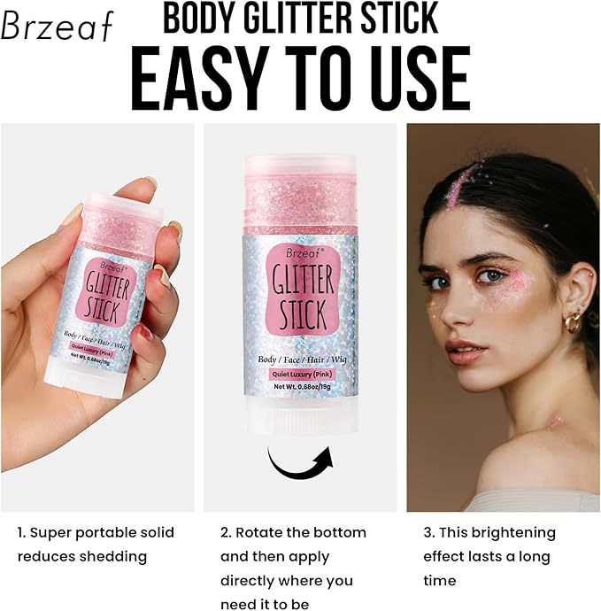 Brzeaf Pink Glitter Stick, Not Greasy & Long Lasting, Chunky Glitter for Face/Body/Hair/Eyes/Lip, Singer Concert Music Rave Halloween Festival, Glitter Stick Makeup & Face Glitter Gel for Women Men