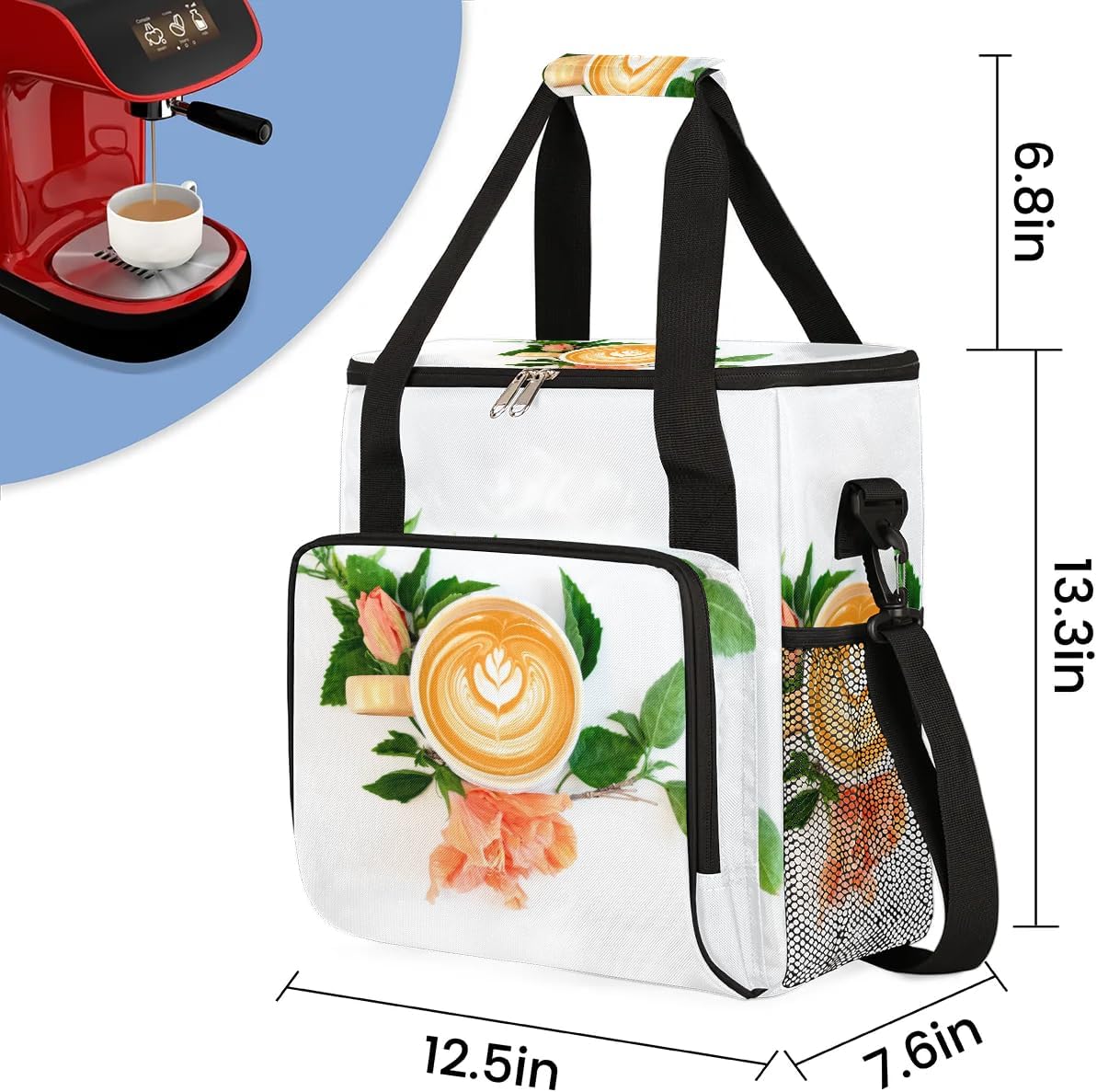 coffee beans cup flower Coffee Maker Carring Bag Travel Carrying Storage Tote Bag Compatible with Keurig K-Mini or K-Mini Plus Portable Single Serve Coffee Brewer Case with Pockets for K-cup Pods