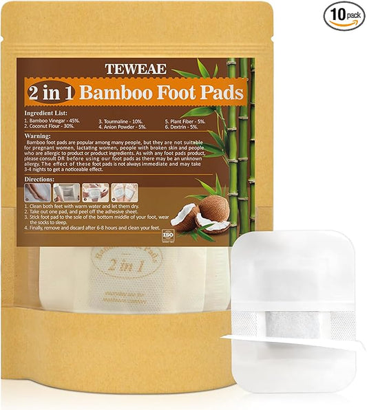 2 in 1 Foot Pads, Bamboo Vinegar Coconut Shell Powder Foot Pads with ''Stay in Place'' Bigger Adhesive Sheet(10 Pads)