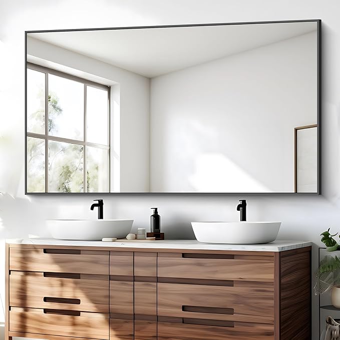Bathroom Mirror, 30x55 inch Wall Mirror for Bathroom Wall Mounted Black Rectangle Square Corner Mirrors, Black Bathroom Mirror for Living Room, Farmhouse, Bedroom Entryway, Horizontal/Vertical