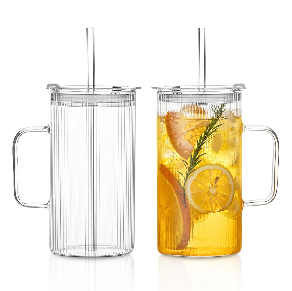 26oz Large Ribbed Glass Tumbler with Handle and Lid - Set of 2, Clear Glass Cups with Reusable Straws, Vertical Striped Design - Perfect for Iced Coffee, Tea, Smoothies, and Cocktails