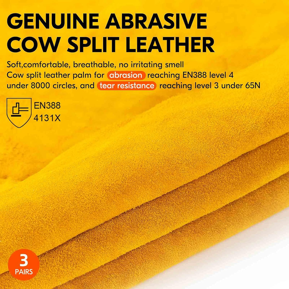 Vgo... 3-Pairs Unlined Cowhide Split Leather Work and Driver Gloves, for Heavy Duty, Truck Driving, Warehouse, Gardening, Farm (Size XL, Gold, CB9501)