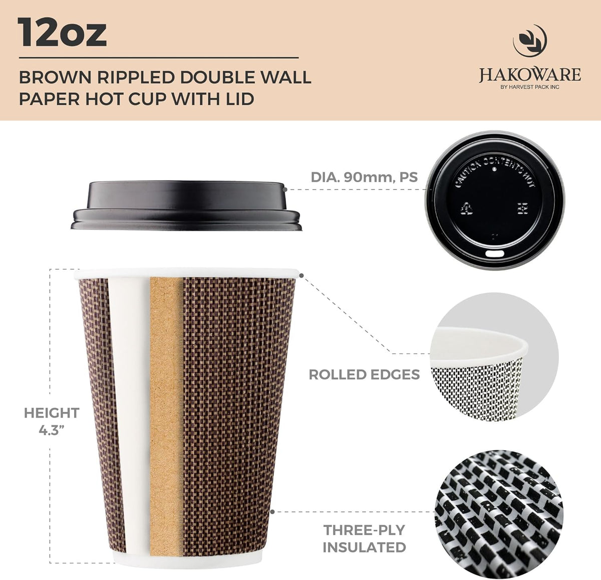 [400 SET]Harvest Pack 12 oz Disposable Coffee Cups, Insulated Ripple Double-Walled Paper Cup with Lid, Brown Geometric, Tea Hot Chocolate Drinks To go coffee cups