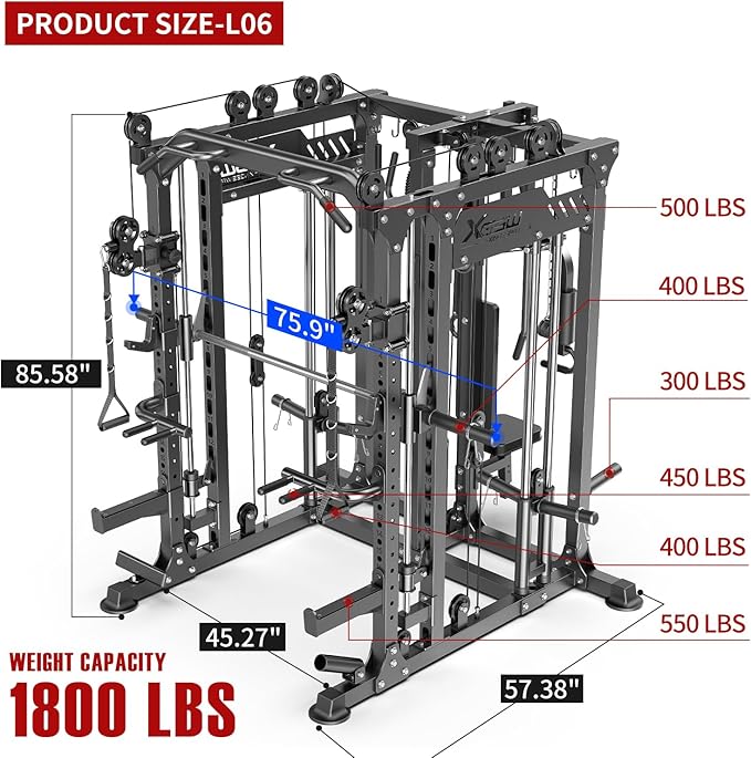 Smith Machine with Cable Crossover System, Multi-Function Power Cage Squat Rack for Home Gym, Power Rack and Packages Weight Sets.