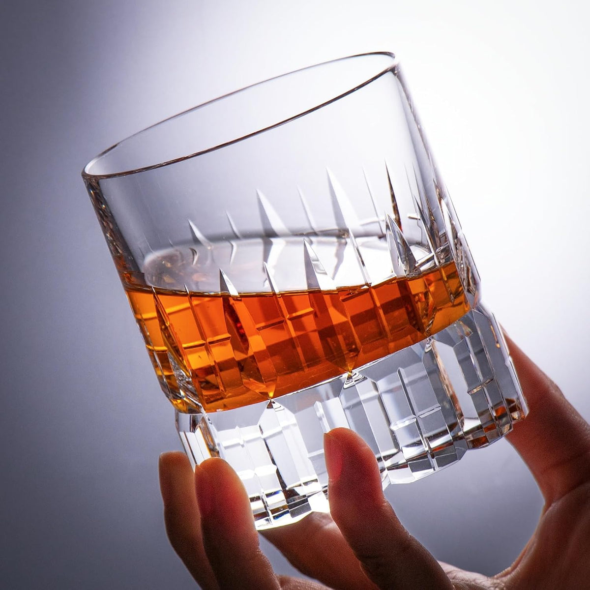 KAMMAK Crystal Whiskey Glasses Set of 2, Luxury 7.78oz Old Fashioned Glasses Stemless, Hand Blown Cocktail Glasses, Handcrafted Engraved Scotch Cup for Women, Men Gift for Bourbon Barware