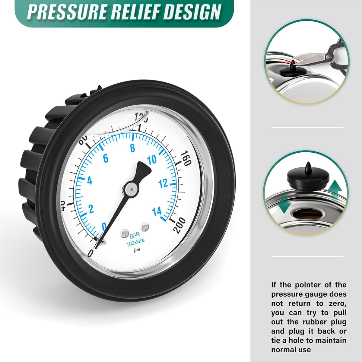 0-200PSI Stainless Steel Liquid Filled Pressure Gauge, 2.5" Dial Size, 1/4" NPT Back Mount, with Rubber Protective Sleeve, for Tube, Water Pump, Gas, Liquid, Pressure Test
