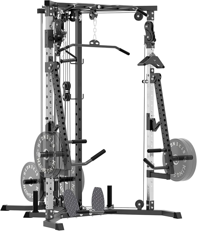 Power Rack with Dual Pulley System, Cable Crossover, LAT Pulldown, Bench Press & Squat Rack, Full Body Strength Training Cage for Home Gym